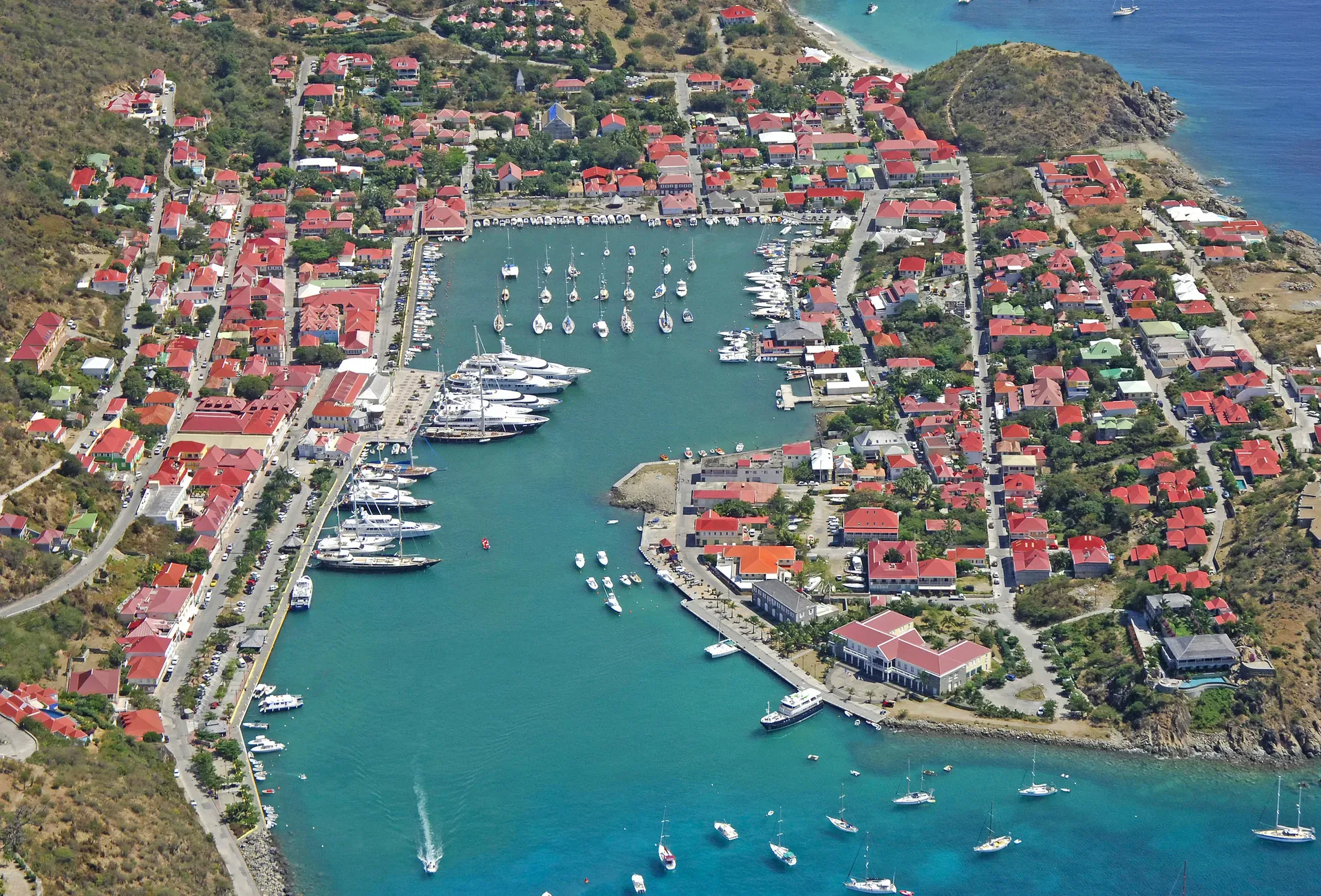 Aerial view of Gustavia harbour and its yachts, Saint-Barthélemy